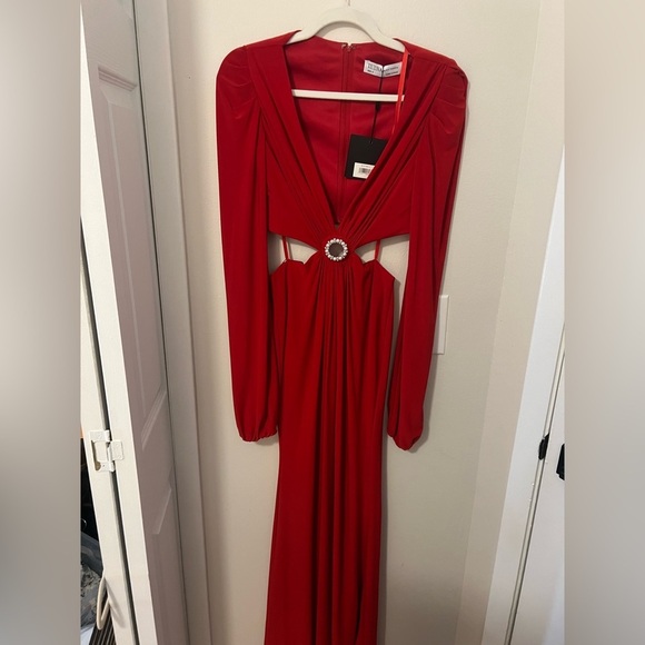 NWT MAC DUGGAL Red Jersey Puff Sleeve Cut Out Column Gown (26727) - Size 0 - Picture 5 of 10